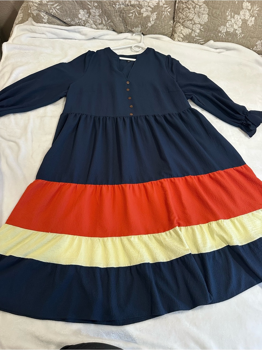 SHEIN Navy Tiered Dress with Navy, Orange and Cream Colorblock Bands